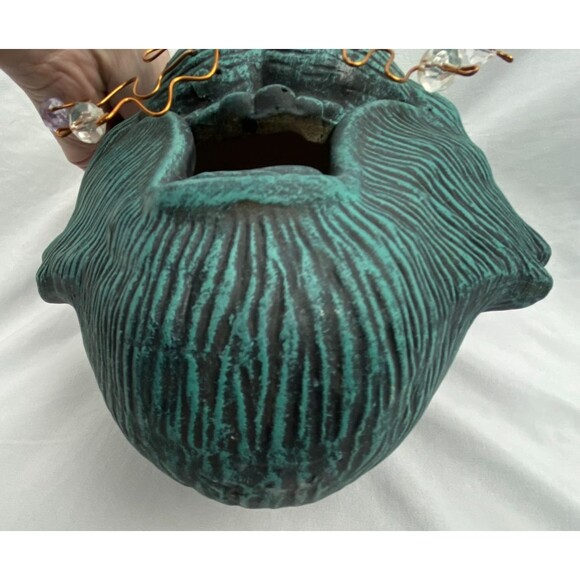 Whimsical Cat Face Hanging Bird Feeder House Blue Ceramic 11"x7" Yard Decor - Picture 7 of 11